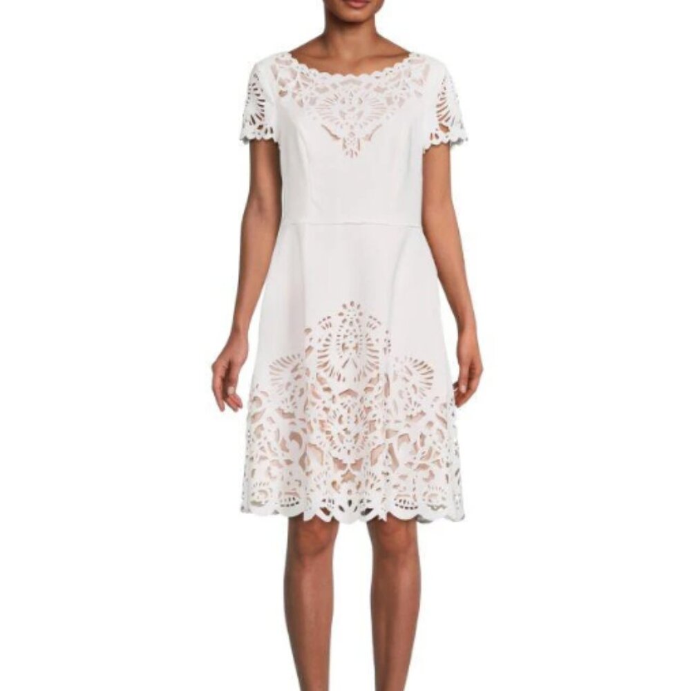 FOCUS BY SHANI LASER CUT FIT & FLARE WHITE/NUDE DRESS sz 16